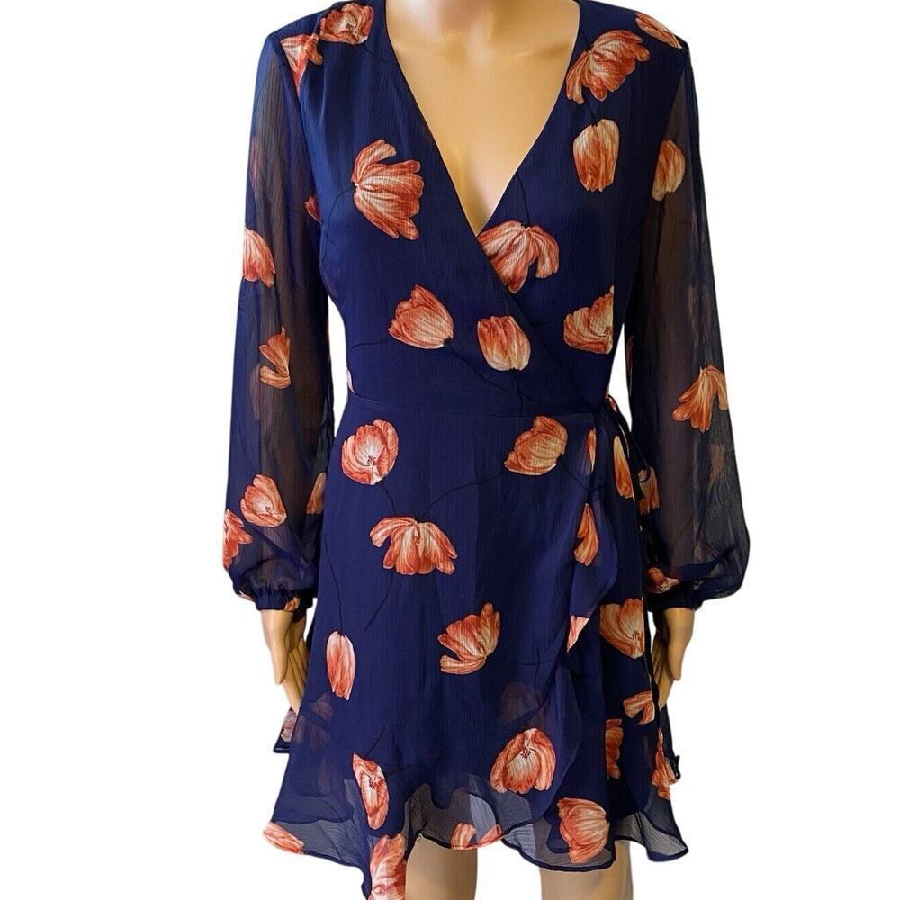 ALL IN FAVOR Minidress S Brittany Wrap Blue Peach Floral Chiffon Ruffle Feminine